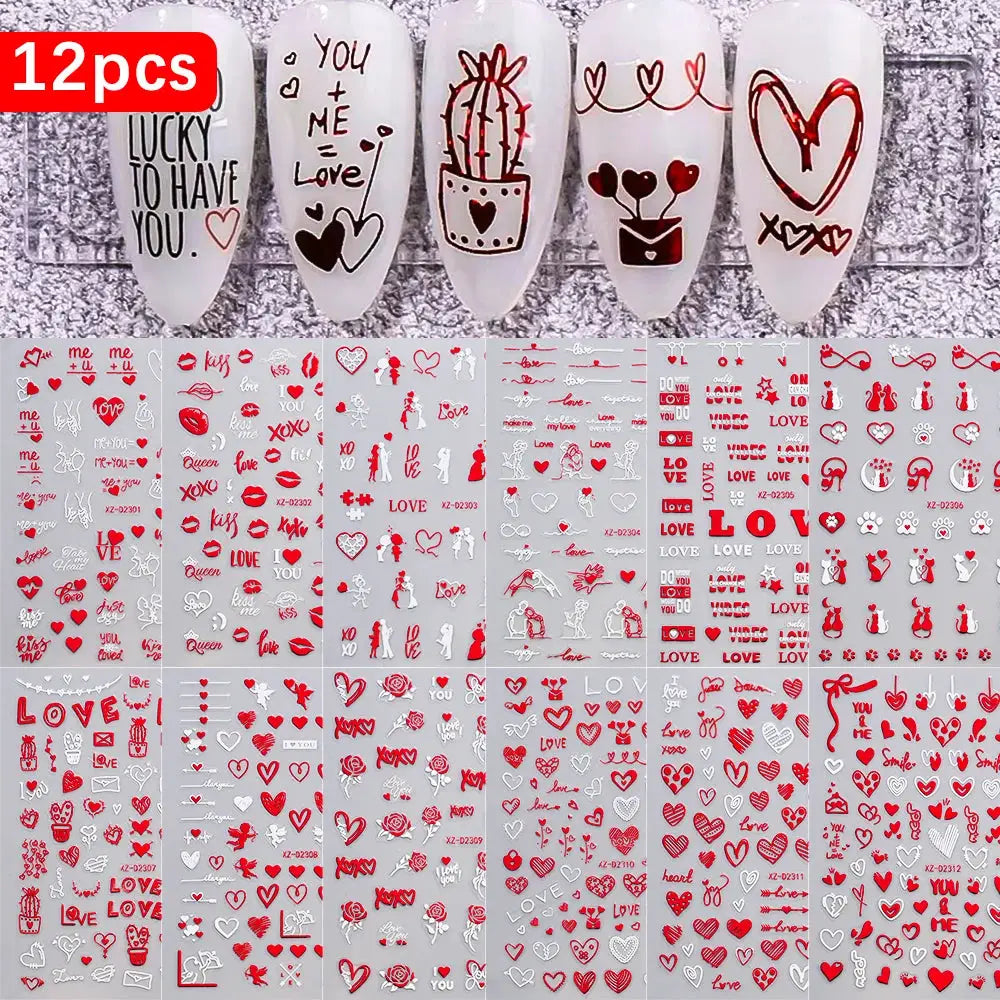 8pc 3D Mixed Color Heart Nail Stickers Valentines' Day Sweet Red Pink Love Selfadhesive Nail Decoration Decals Manicure Supplies from PriceLows™