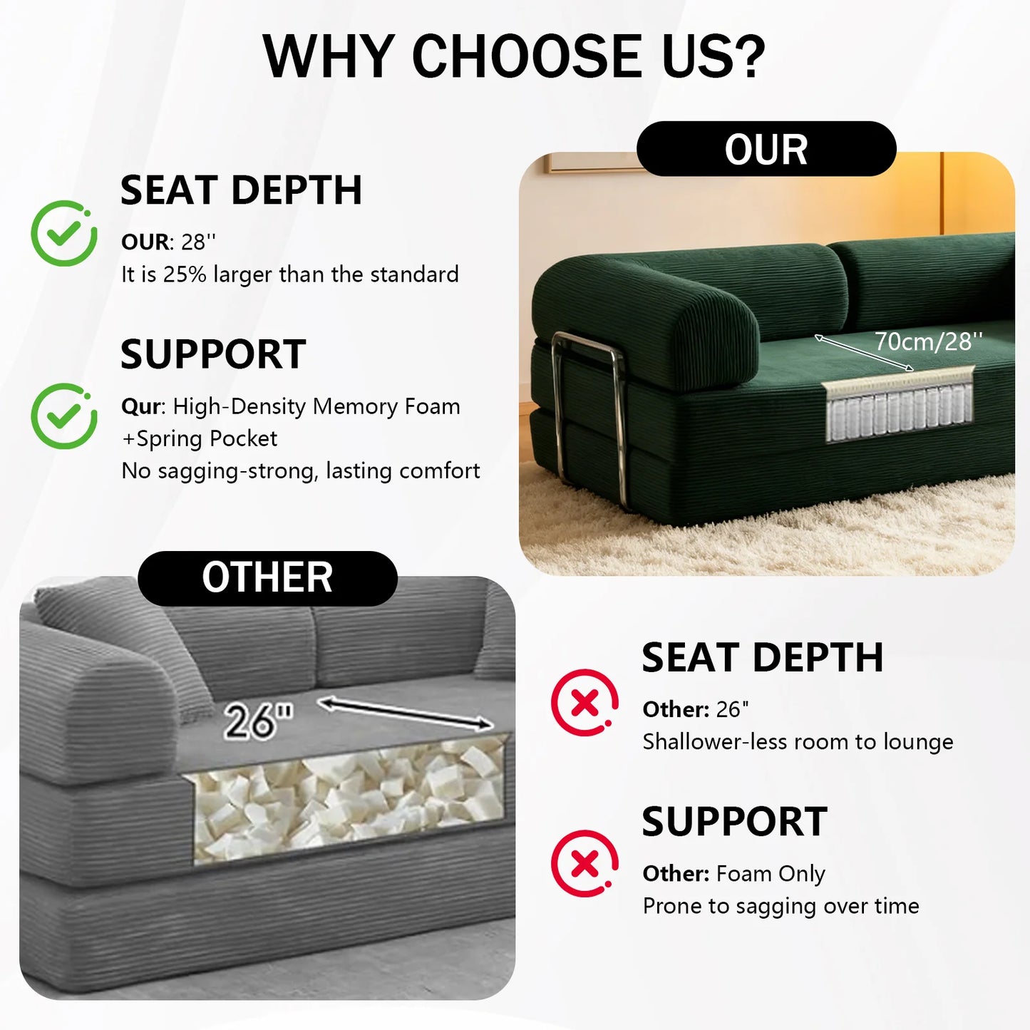 Sofa Bed | Memory Foam | 304 Stainless Steel Frame | 79in Length