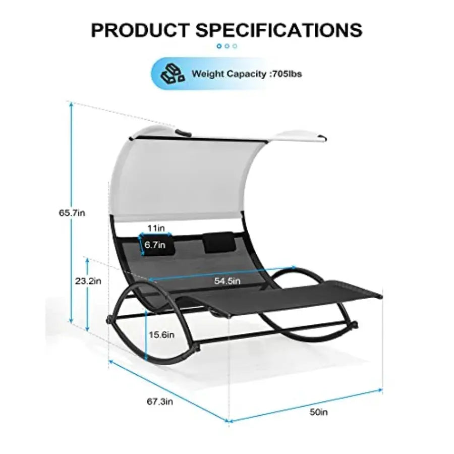 Outdoor Double Chaise Lounge Chair with Canopy and Wheels, 2 Person Patio Rocking Lounge Chair with Sun Shade and Headrests for from PriceLows™