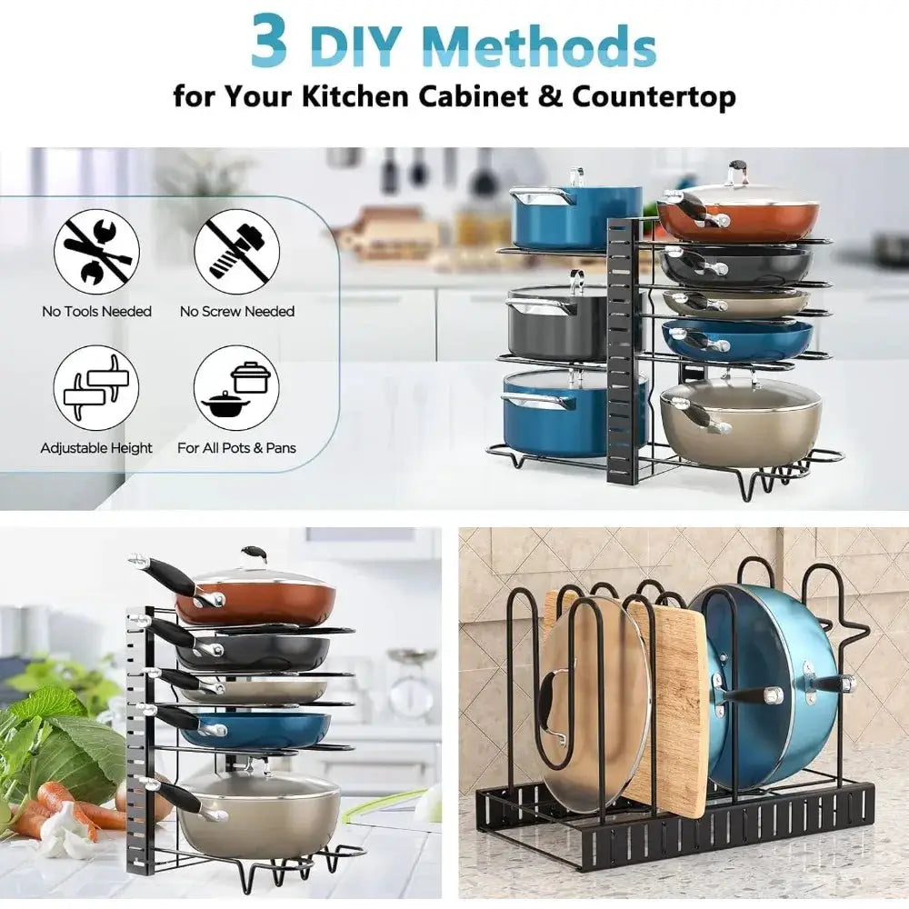 Pot Rack Organizer | Adjustable 8 Tier | Rust Resistant | Black Metal