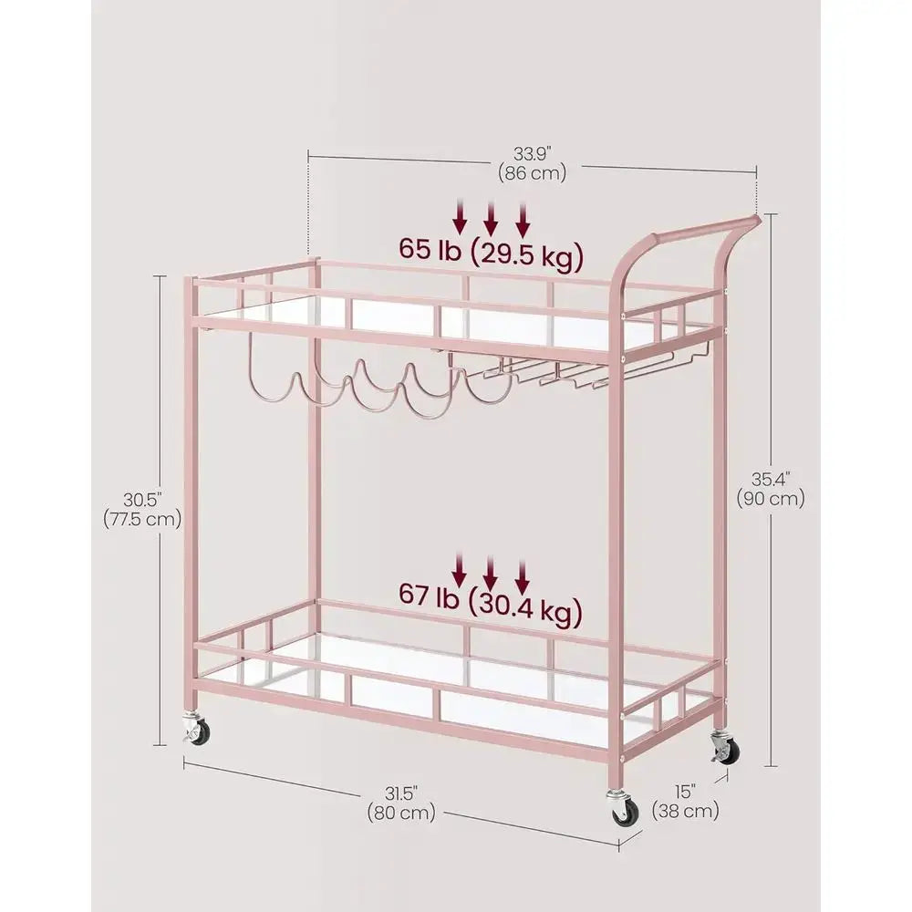Rose Gold Home Bar Cart with 2 Mirrored Shelves, Wine & Glass Holders for Kitchen or Dining Room from PriceLows™