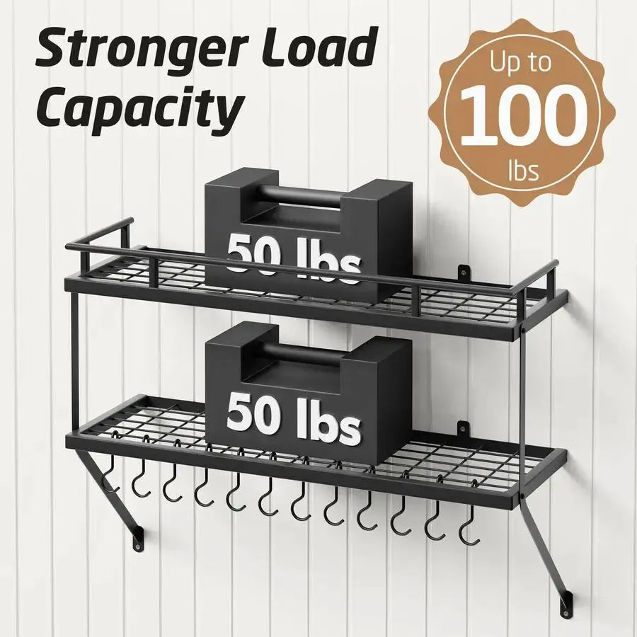 30Inch Kitchen Pot Rack Mounted Hanging Rack for Kitchen Storage and Organization Matte Black 2Tier Wall Shelf with Guard Rail f from PriceLows™