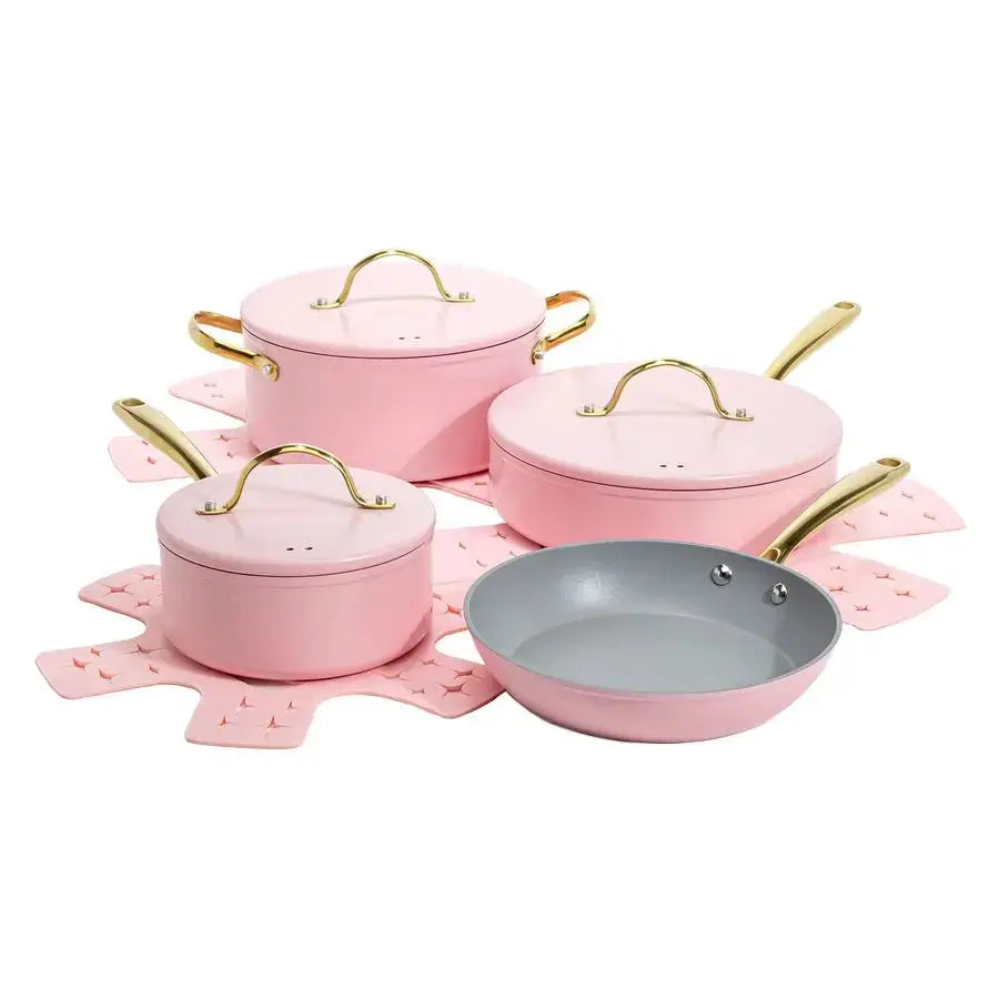 Iconic Nonstick Pots and Pans Set, Multilayer Nonstick Coating, Matching Lids With Gold Handles, Made without PFOA, Dishwasher S from PriceLows™