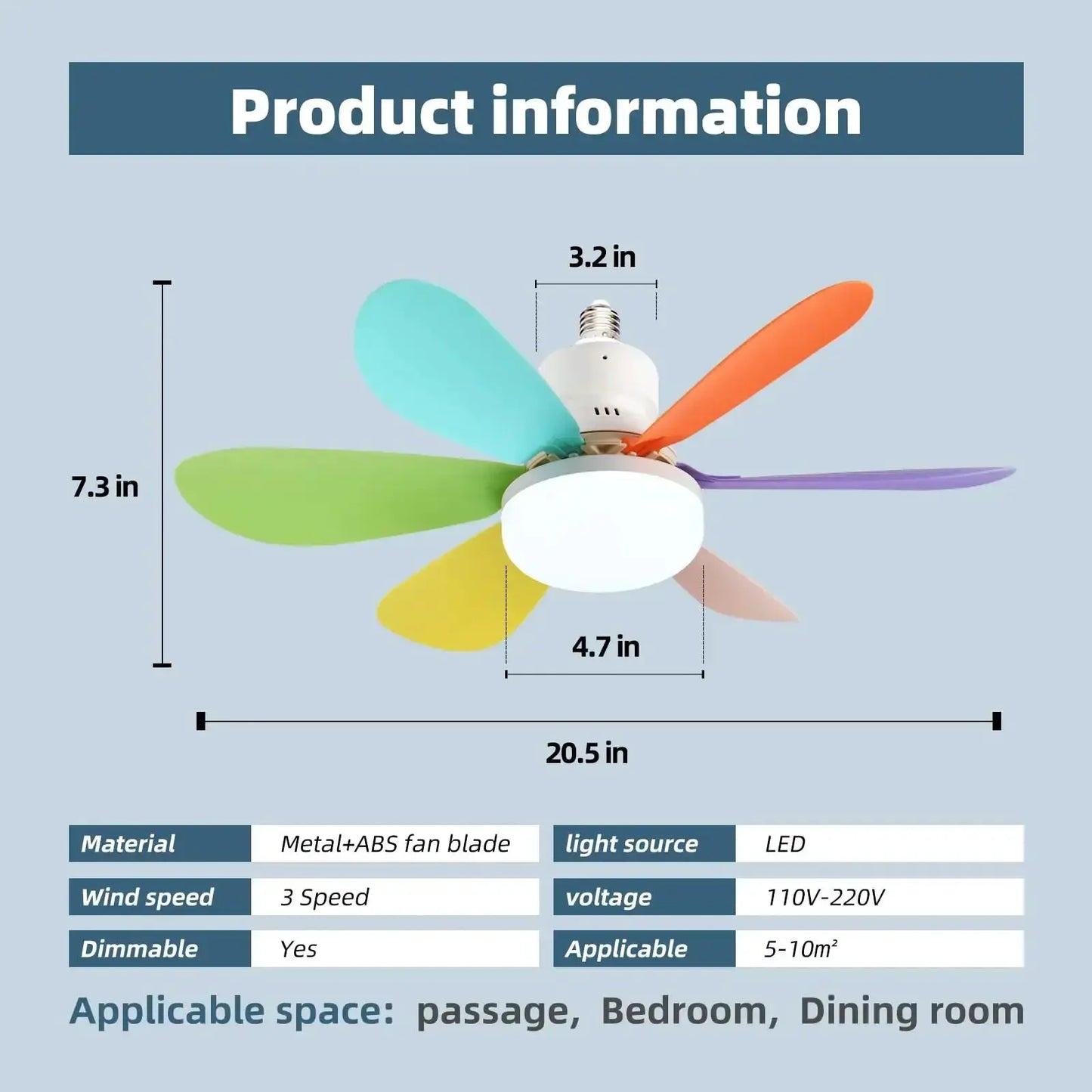 Ceiling Fan With Light | E26 E27 Base | Remote Included | 20.5in