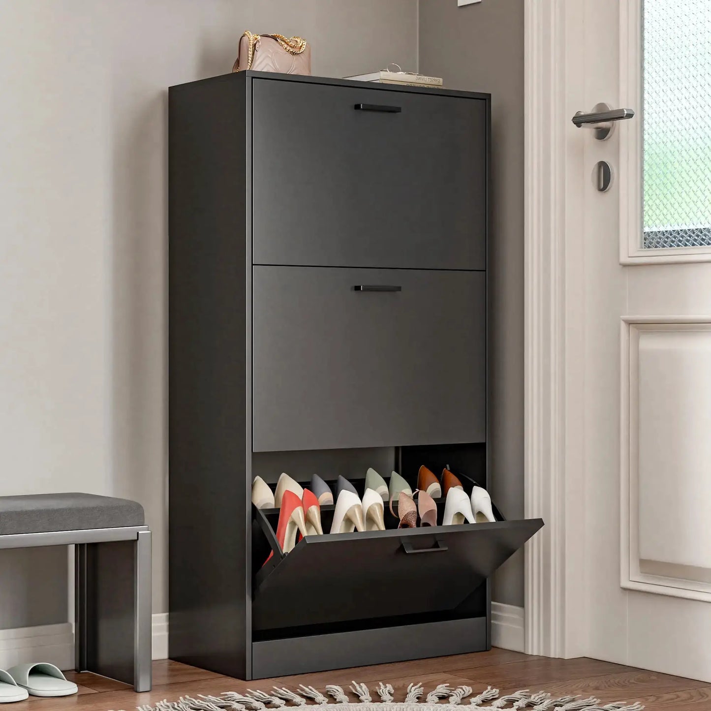 Shoe Cabinet with 2 or 3 Flip Drawers, Hidden Slim Freestanding Shoe Storage Cabinet, Narrow Freestanding Shoe Organizer from PriceLows™