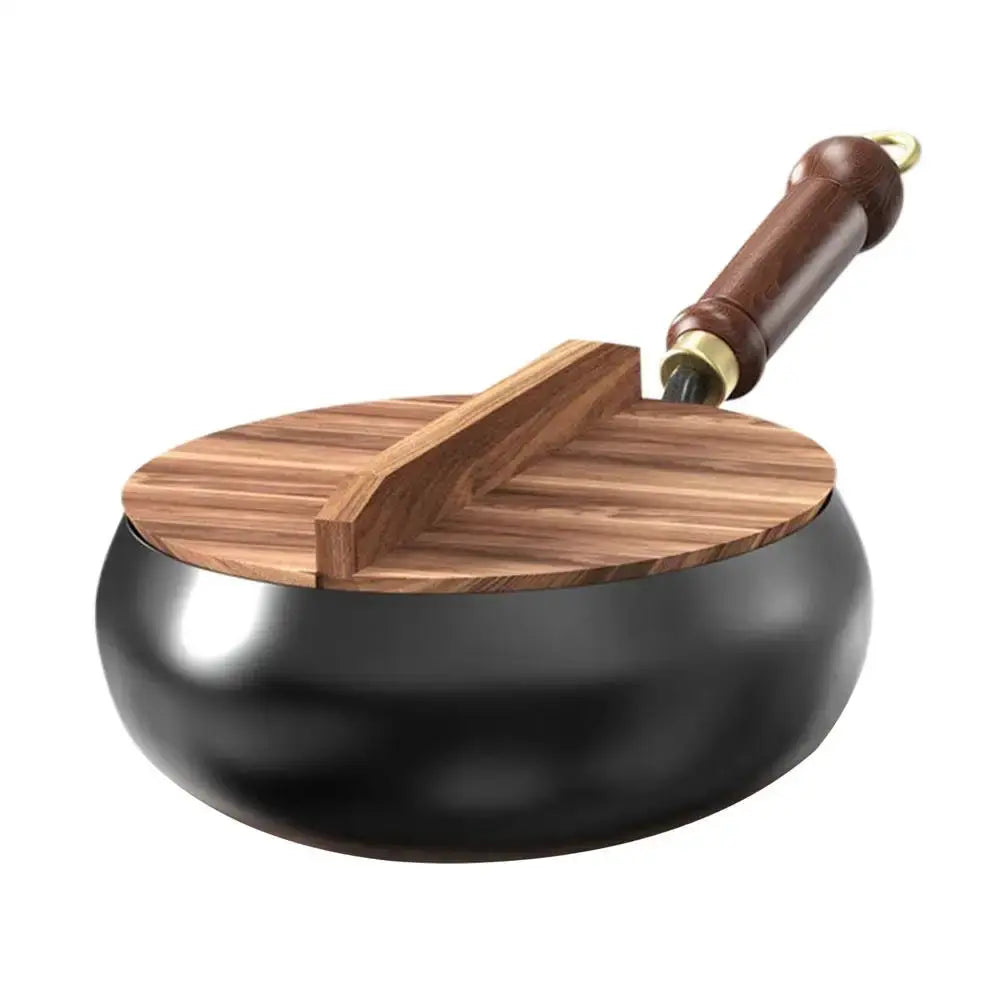 Cast Iron Frying Pan | 24 cm Diameter | Flat Bottom | Wooden Lid