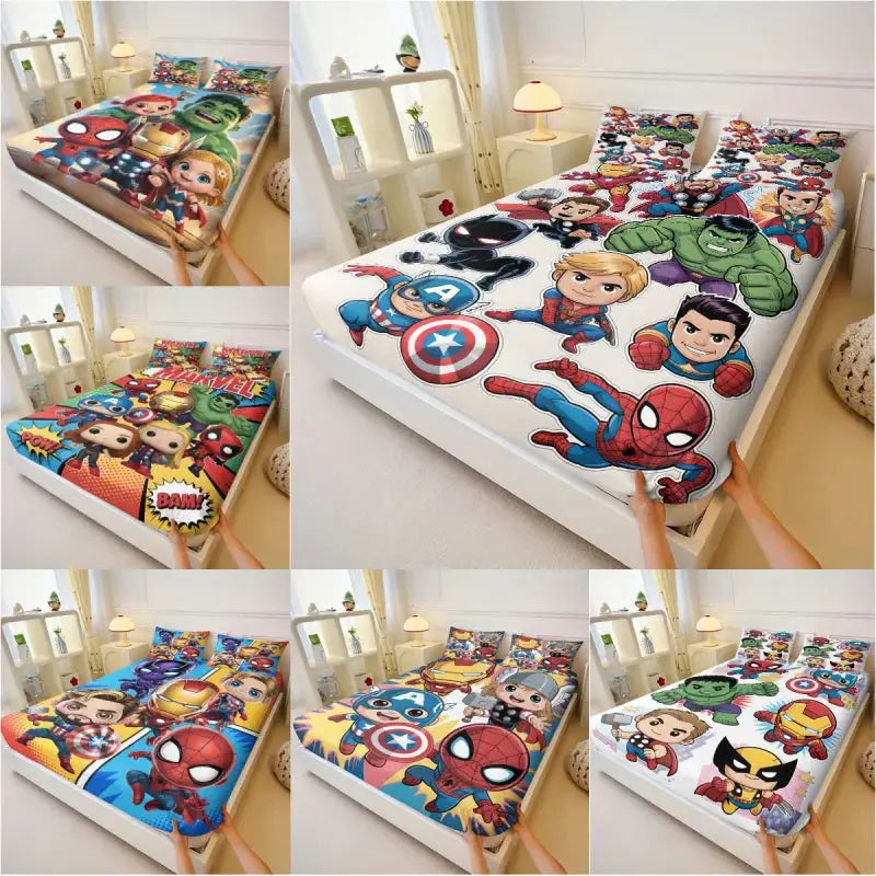 3Pcs Chibi Marvel Fitted Sheet Set with Pillowcases, Soft Deep Pocket Cartoon Print Mattress Cover for Kids Boys Girls Bedroom from PriceLows™