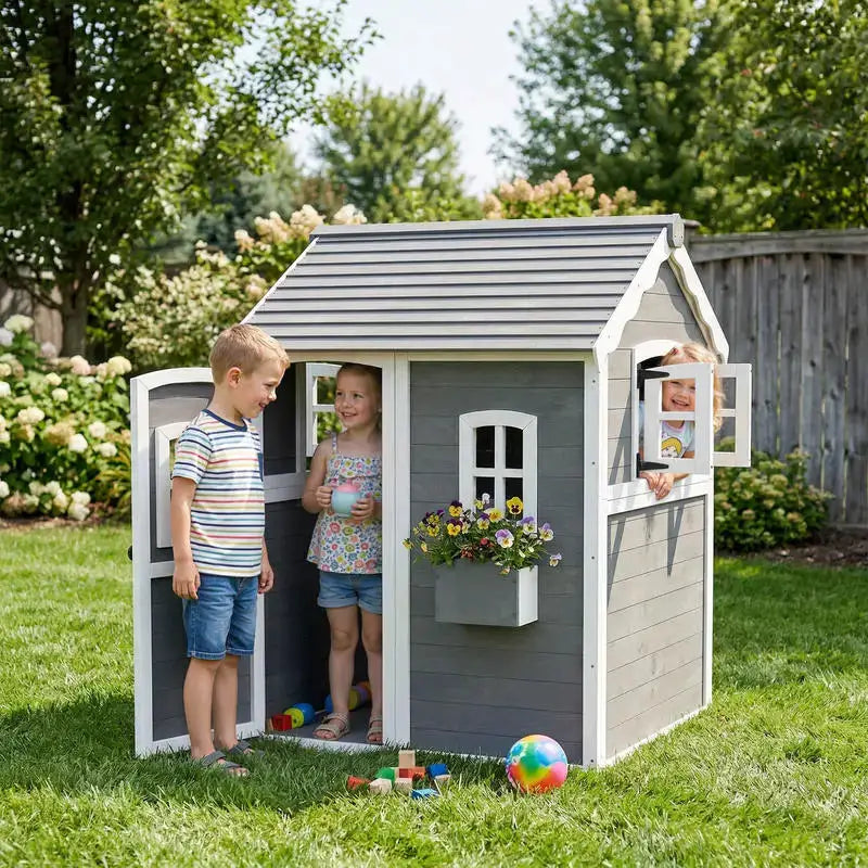 Outsunny Outdoor Wooden Playhouse for Kids with Floor, Door, Windows, Planter Box for 3-8 Years Old, Backyard, Lawn, Garden from PriceLows™