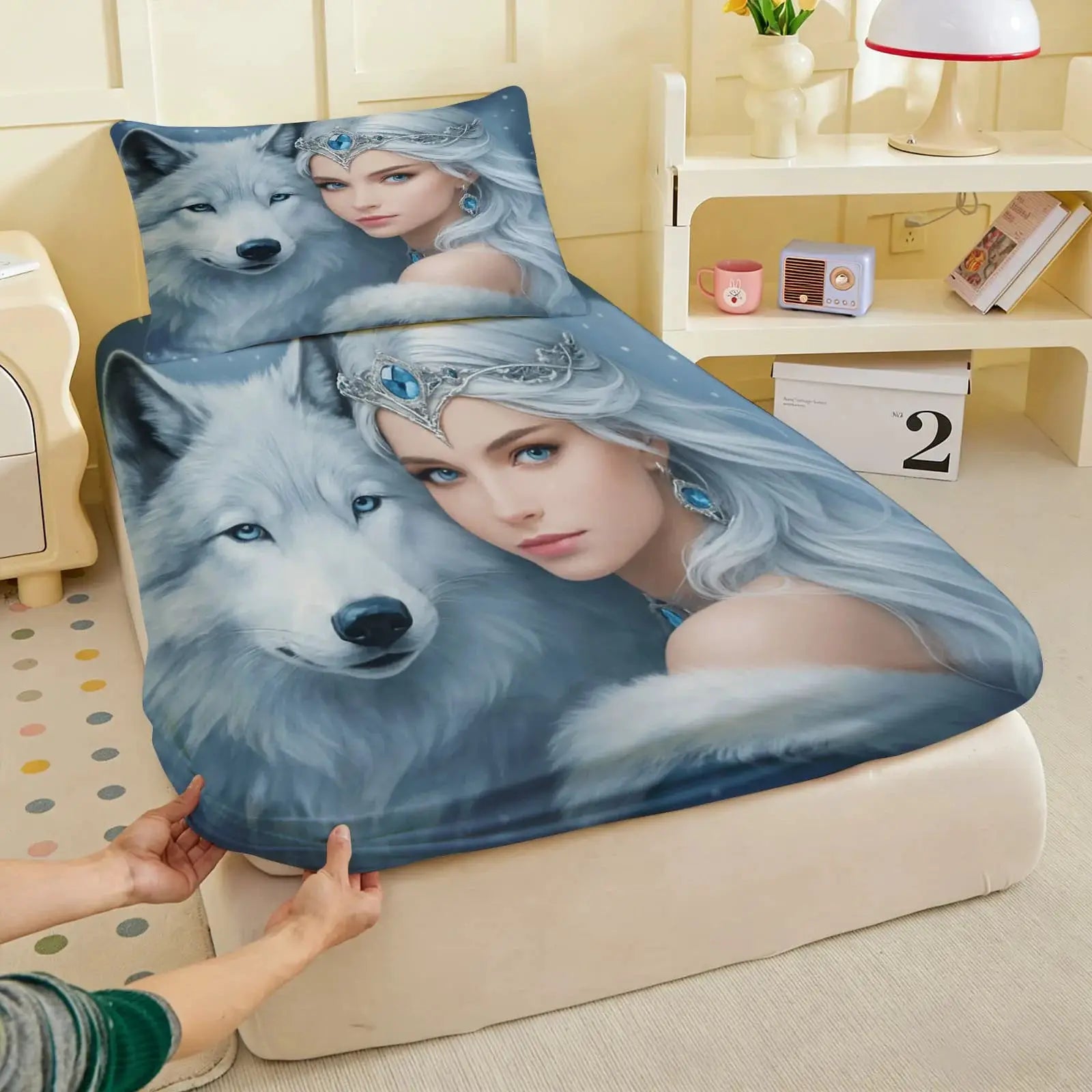 1pc Ice Princess with White Wolf Print Fitted Sheet Deep Pocket Elastic Mattress Cover Single Double Queen King Bedroom Decor from PriceLows™