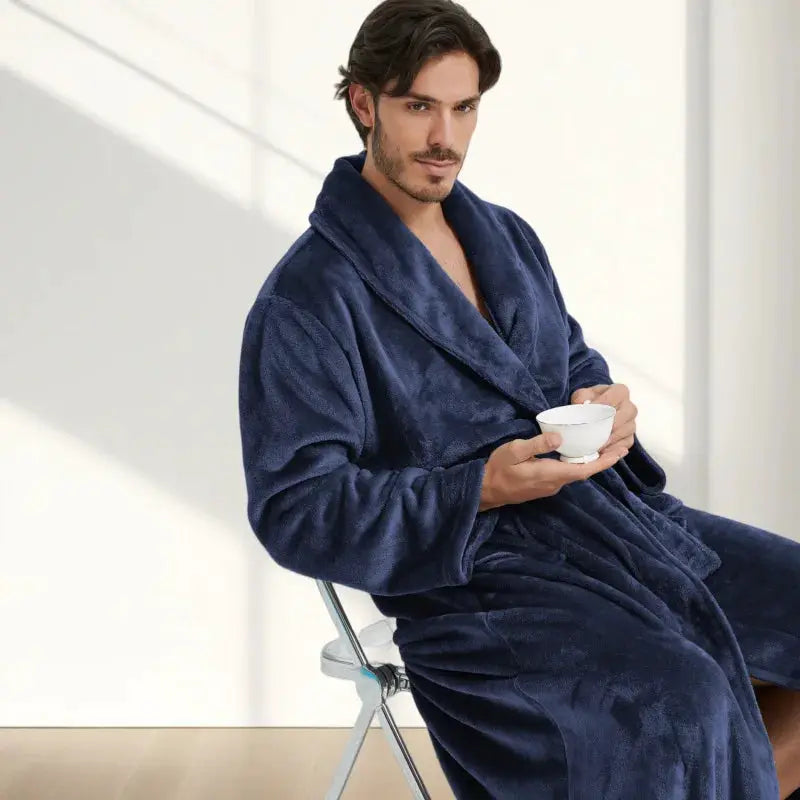 Men Bathrobe | Polyester Knit | Turn Down Collar | Winter Homewear
