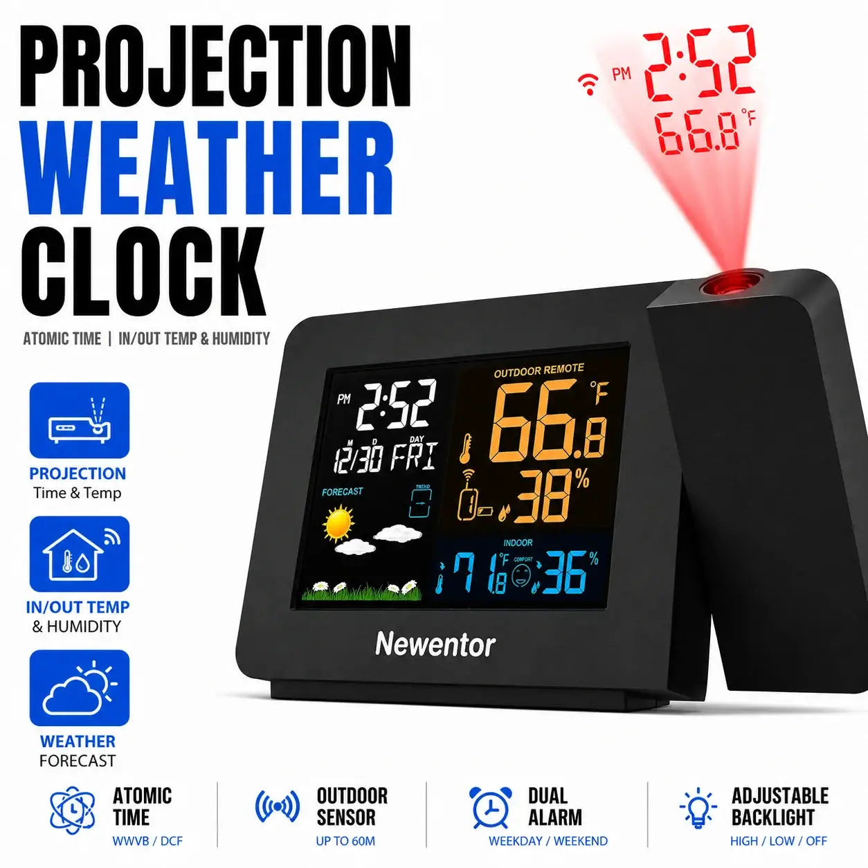 Projection Alarm Clock with Weather Station, Atomic Clock with Indoor Outdoor Thermometer & Humidity Monitor, WWVB Digital from PriceLows™