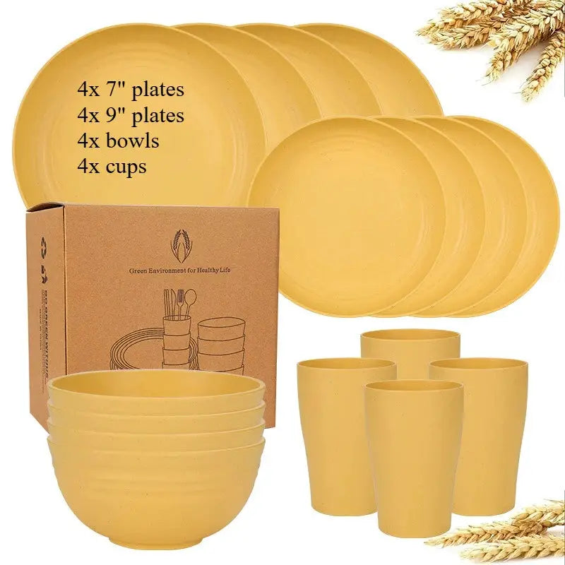 Natural Wheat Straw Tableware Set Dinnerware Sets Biodegradable Unbreakable Plates, Bowls, Cups Lightweight for Kitchen Camping from PriceLows™