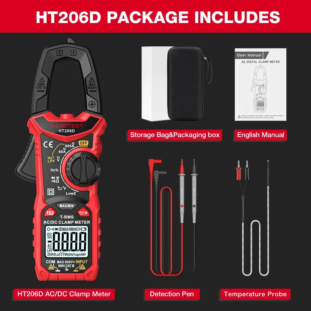 HABOTEST HT206 Clamp Meter DC/AC Current 600A Digital Clamp Meter Ammeter Voltage Tester Amp Hz Capacitance NCV Ohm Test from PriceLows™
