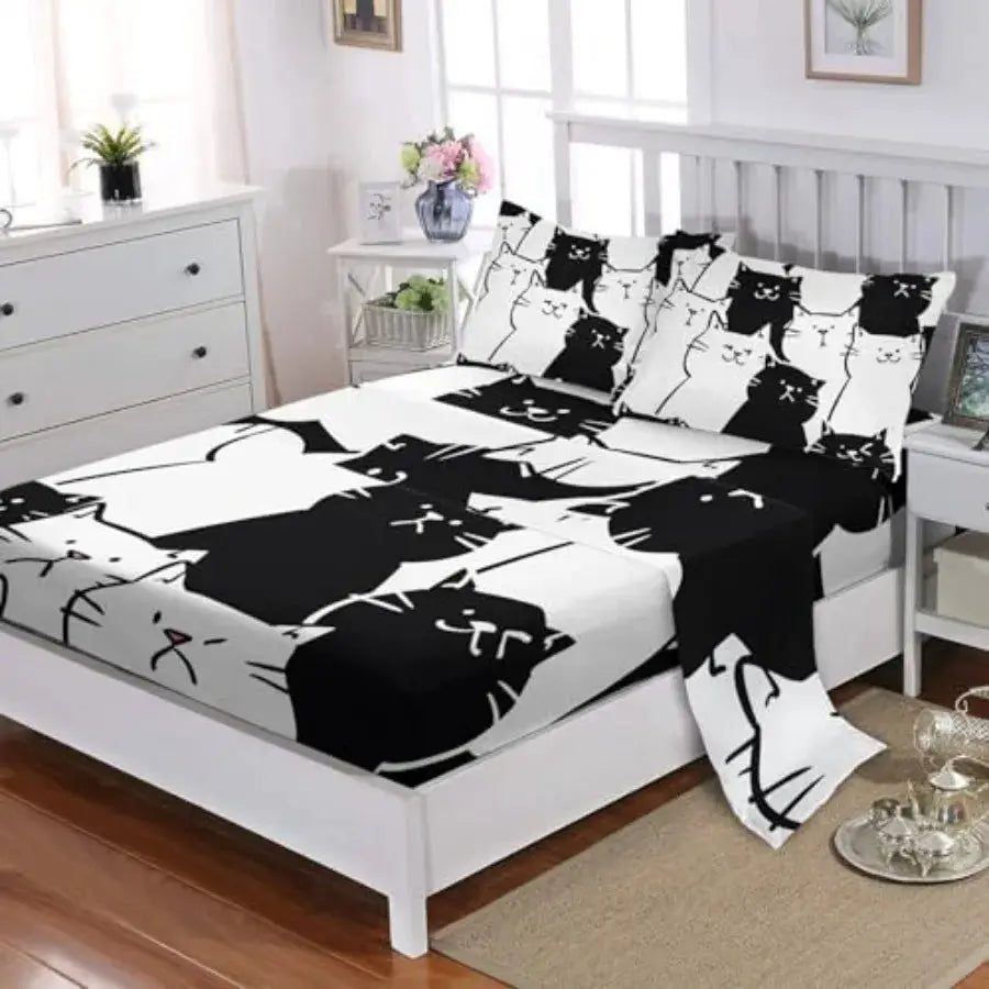Cartoon Cat Sheet 4Pcs Black and White Kitten Sheet Cute Pet Cat Bedding Set for Teen Kid Boy Girl Adult Kawaii Line Cat Bedspr from PriceLows™