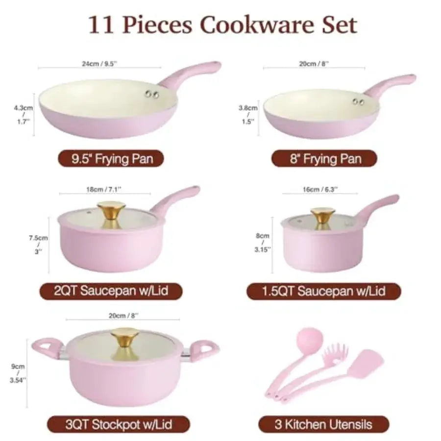 Pots and Pans Set Non Stick Ceramic Cookware Set 11-Piece Induction Cookware Non Toxic Healthy Kitchen Cooking Set Gold Knobs L from PriceLows™