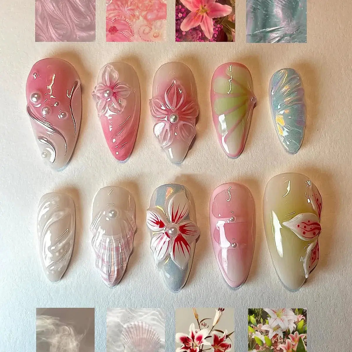 Almond Press On Nails | Acrylic Finish | Pearl Flower Design | 24 Piece Set