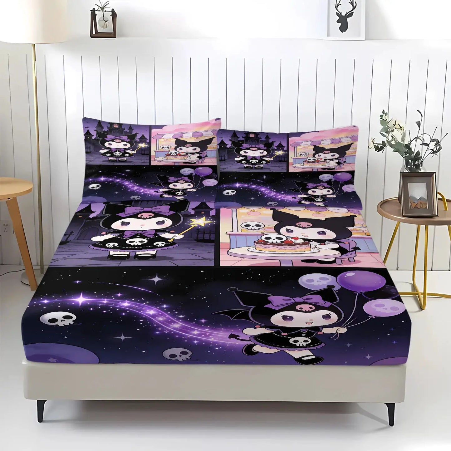 Sanrio Kuromi Magical Castle Fitted Sheet Set Cute Dark Anime Bed Sheet Pillowcases Girl Bedroom Soft Cartoon Mattress Protector from PriceLows™