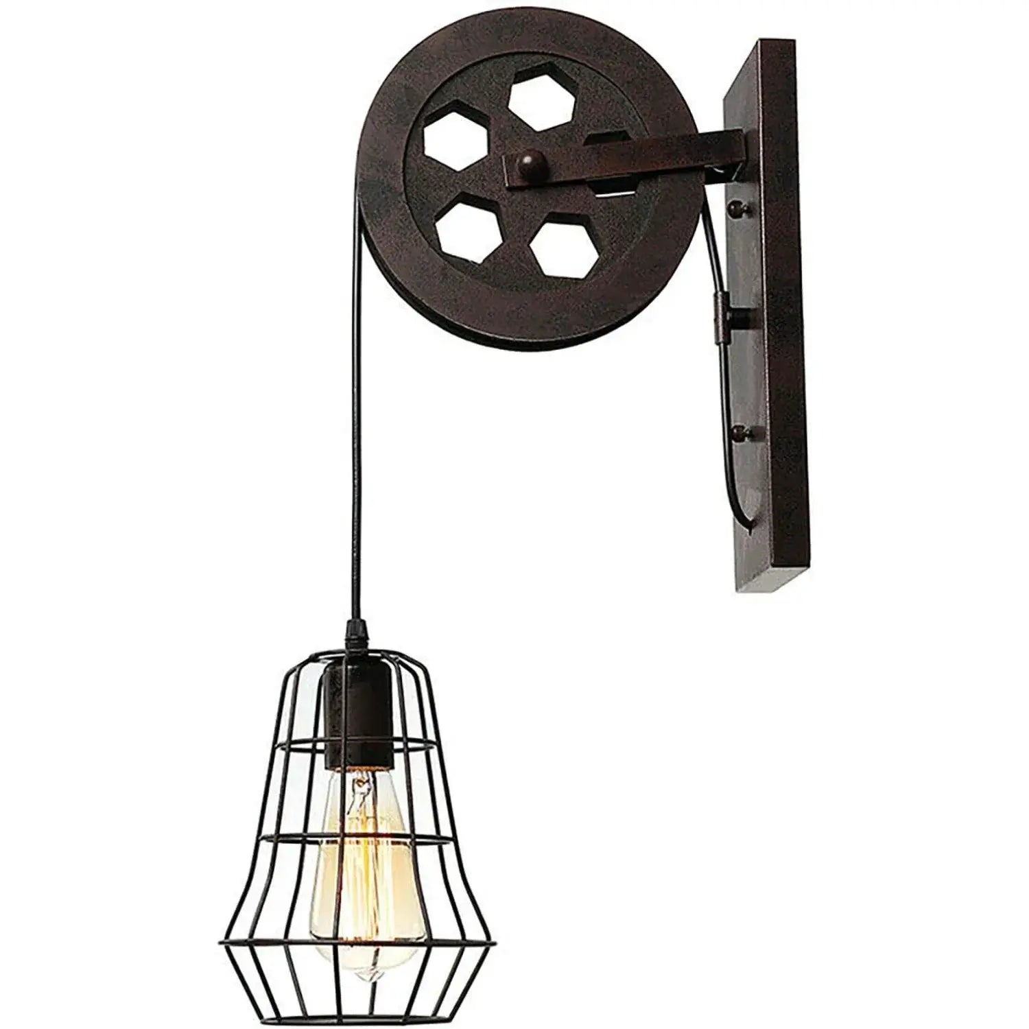 Industrial Wall Sconce Lights Lift Pulley Vintage Farmhouse Mid Century Wall Light with Iron Cage Lampshade for Indoor Lighting from PriceLows™