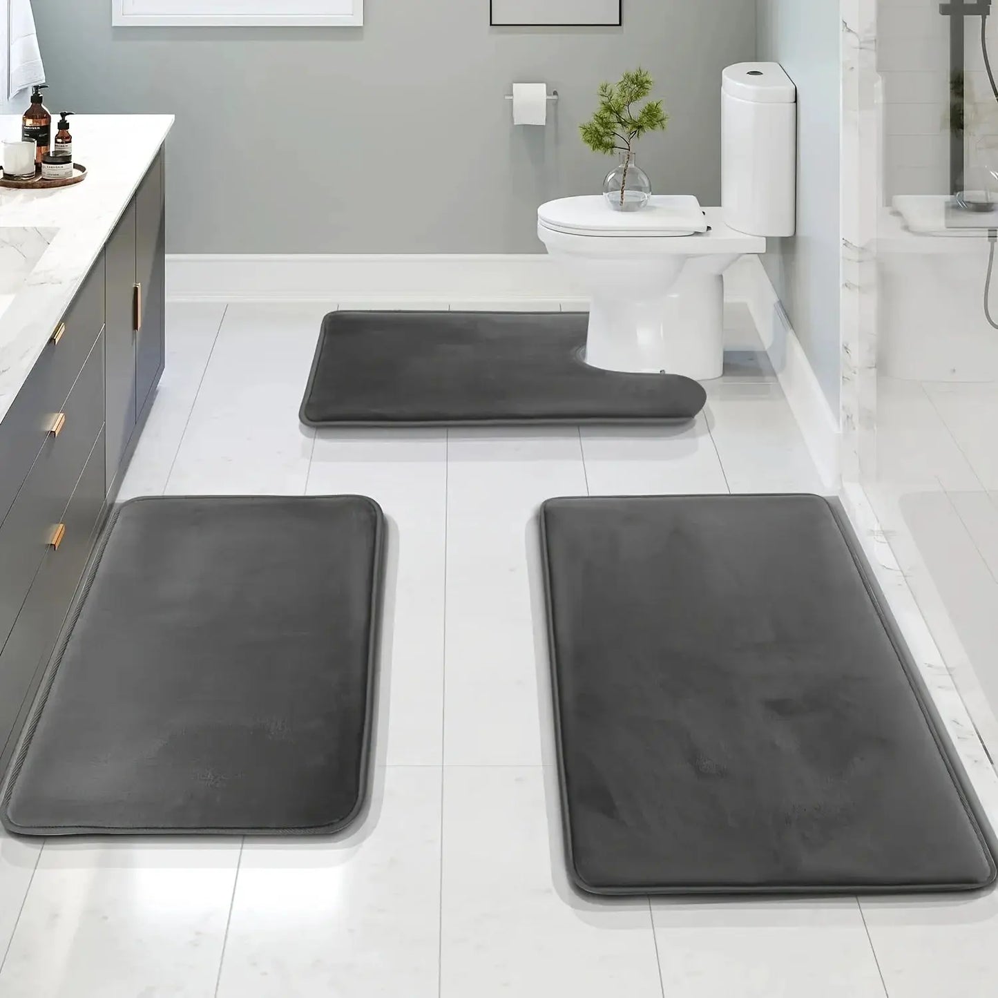 Set of 3 Durable Memory Foam Bath Mats with Non-Slip Features, Including a U-Shaped Mat And a Toilet from PriceLows™