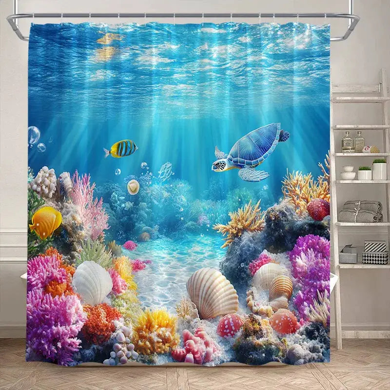 Ocean Animals Sea Turtle Shower Curtains Tropical Fish Coral Underwater Nature Scenery Child Bath Curtain Home Bathroom Decor from PriceLows™