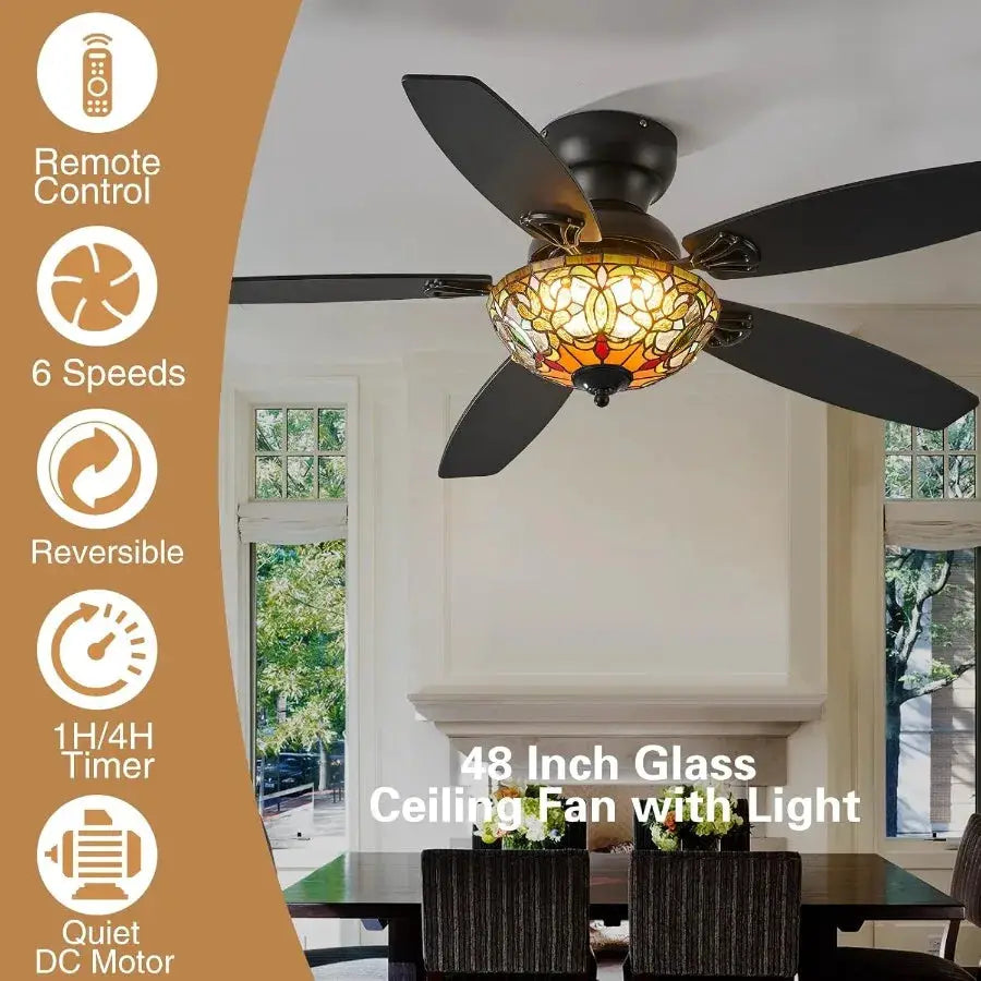 Tiffany Ceiling Fans with Lights 48 Ceiling Fan Chandelier with 5 DualBlades and Glass Shade 6 Speeds and Reversible Indoor and from PriceLows™