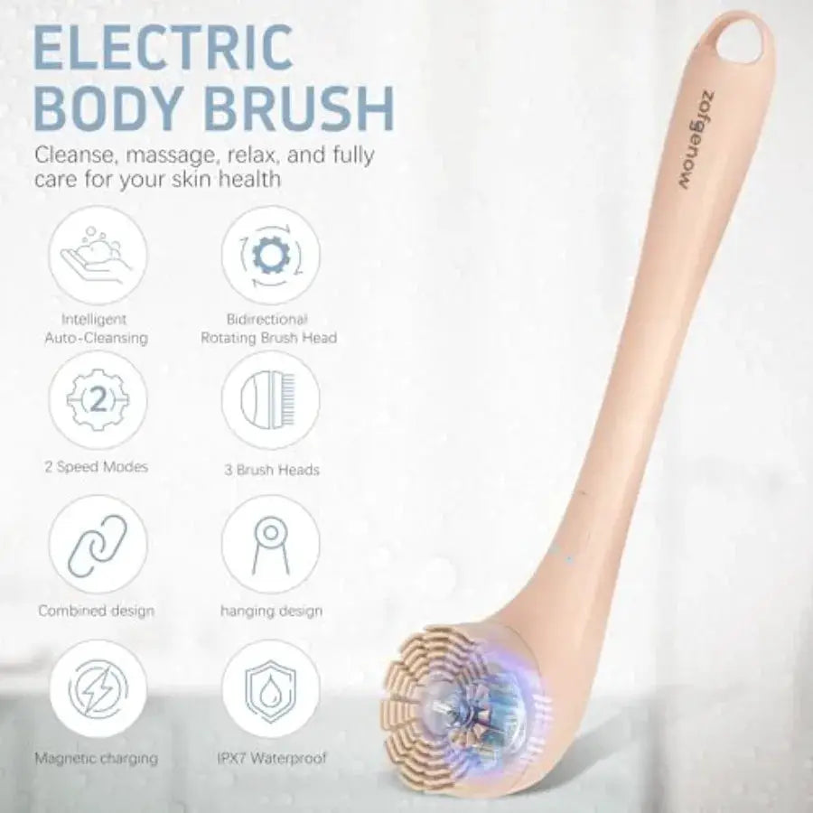 Electric Body Brush | Waterproof | Rechargeable Long Handle | 3 Heads