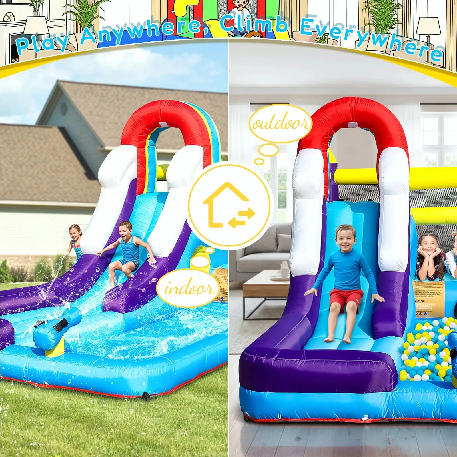 New Oxford cloth 16ft 4.9m Inflatable Water Slide Bounce House w/ Splash Pool & 480W Blower for Kids Party from PriceLows™