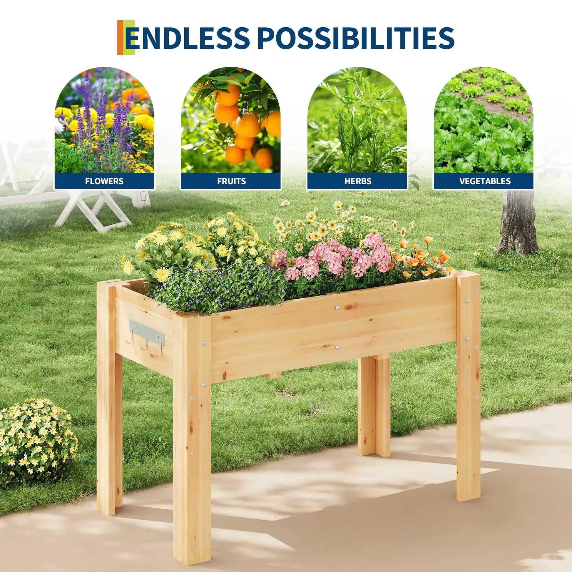 Durable Elevated Wooden Garden Bed with Legs & Hooks, Planter Box with Liner & Drainage Holes for Vegetables, Flowers & Herbs from PriceLows™
