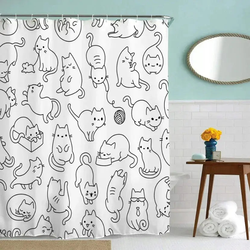 Cute Cat Pattern Shower Curtain - Fun Cartoon Design for Playful Bathroom Décor, Waterproof, Easy Care & Soft Fabric from PriceLows™