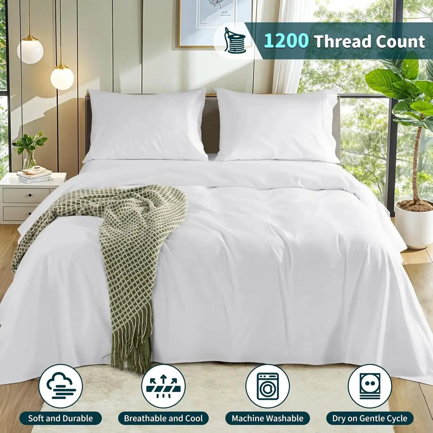 Queen Size 100% Cotton 1200 Thread Count Sheet Set with 16" Deep Pocket, 4 Piece Bed Sheets from PriceLows™
