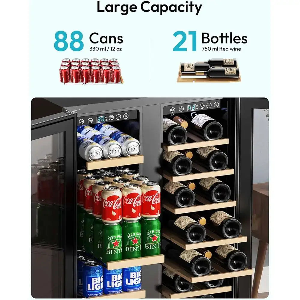 24 Dual Zone Wine & Beverage Cooler, Holds 21 Bottles + 88 Cans, Under-Counter Design with Blue LED Light from PriceLows™