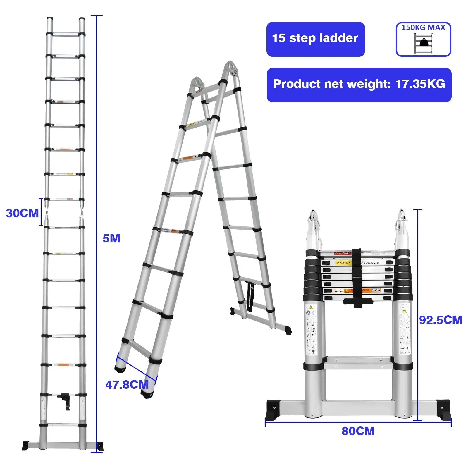 3.8M/5M Aluminium Telescopic Ladder ,Heavy Duty Multi-Purpose A-Frame Sturdy Folding Ladder ,No-slip,150kg Load Capacity from PriceLows™