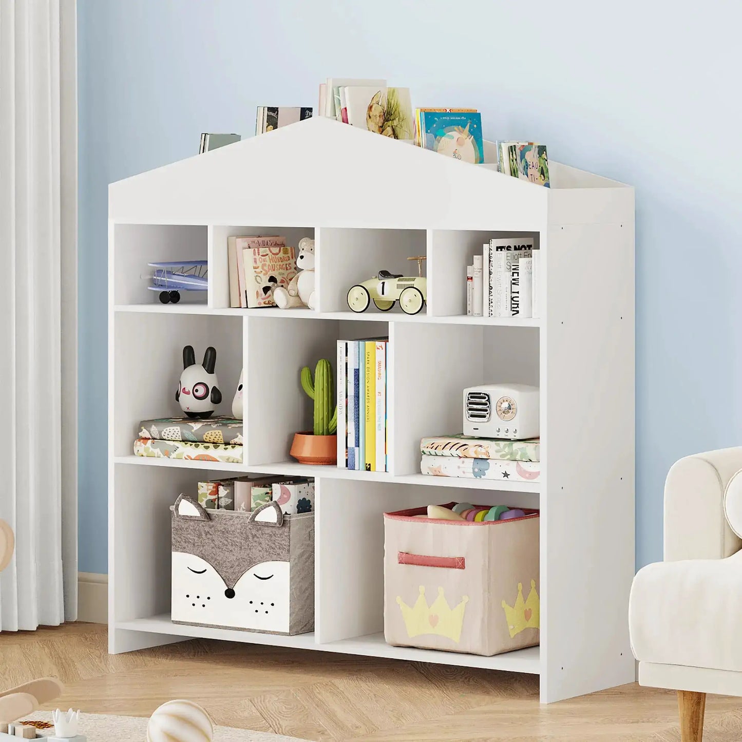 9-Cubby Toy Storage Organizer White Bookcase Toddlers Playhouse Cabinet Shelf for Boys Girls Wooden Storage Toy Shelf for Playro from PriceLows™