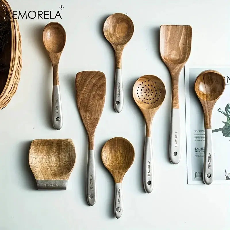 KEMORELA 9PCS Acacia Wooden Cooking Utensils Wooden Spoons for Kitchen with Utensils Holder and Rest Spatula Slotted Spoon from PriceLows™