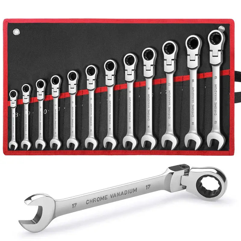 Ratcheting Combination Wrench Set Metric Flexible Head Spanner Set Chrome Vanadium Steel CR-V Flex-Head Ratchet Wrench Set from PriceLows™