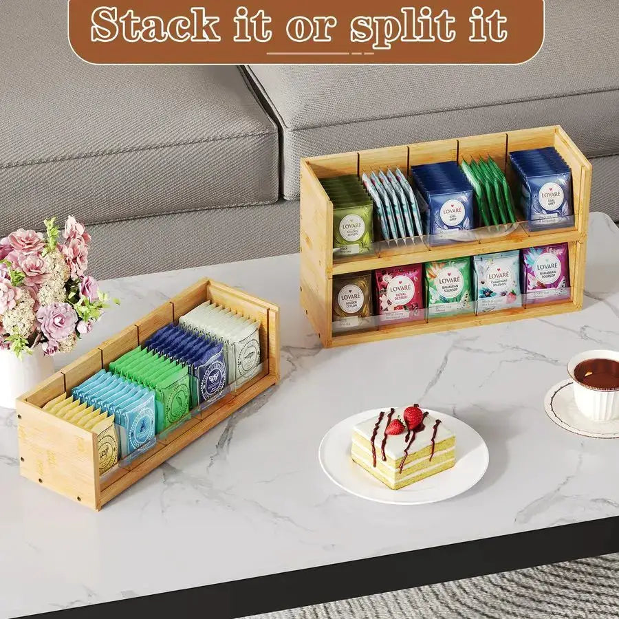 Bamboo Tea Bag Organizer Storage Box, 3 Tier Stackable Tea Bag Box Natural Wood, Wall Mount Tea Chests with Acrylic for tea bags from PriceLows™