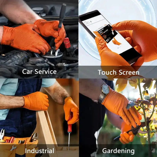 Heavy Duty Orange Nitrile Gloves 8Mil Industrial Disposable Gloves with Diamond Textured Grip for Mechanic Safety & Work Gloves from PriceLows™