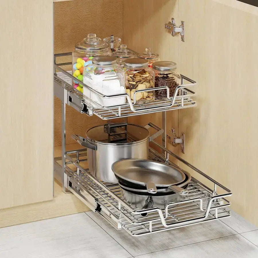 2Tier Kitchen Cabinet Pull Out Shelf and Drawer Organizer Slide Out Pantry Storaqe Basket in Multiple Sizes 14 W x 21 D from PriceLows™
