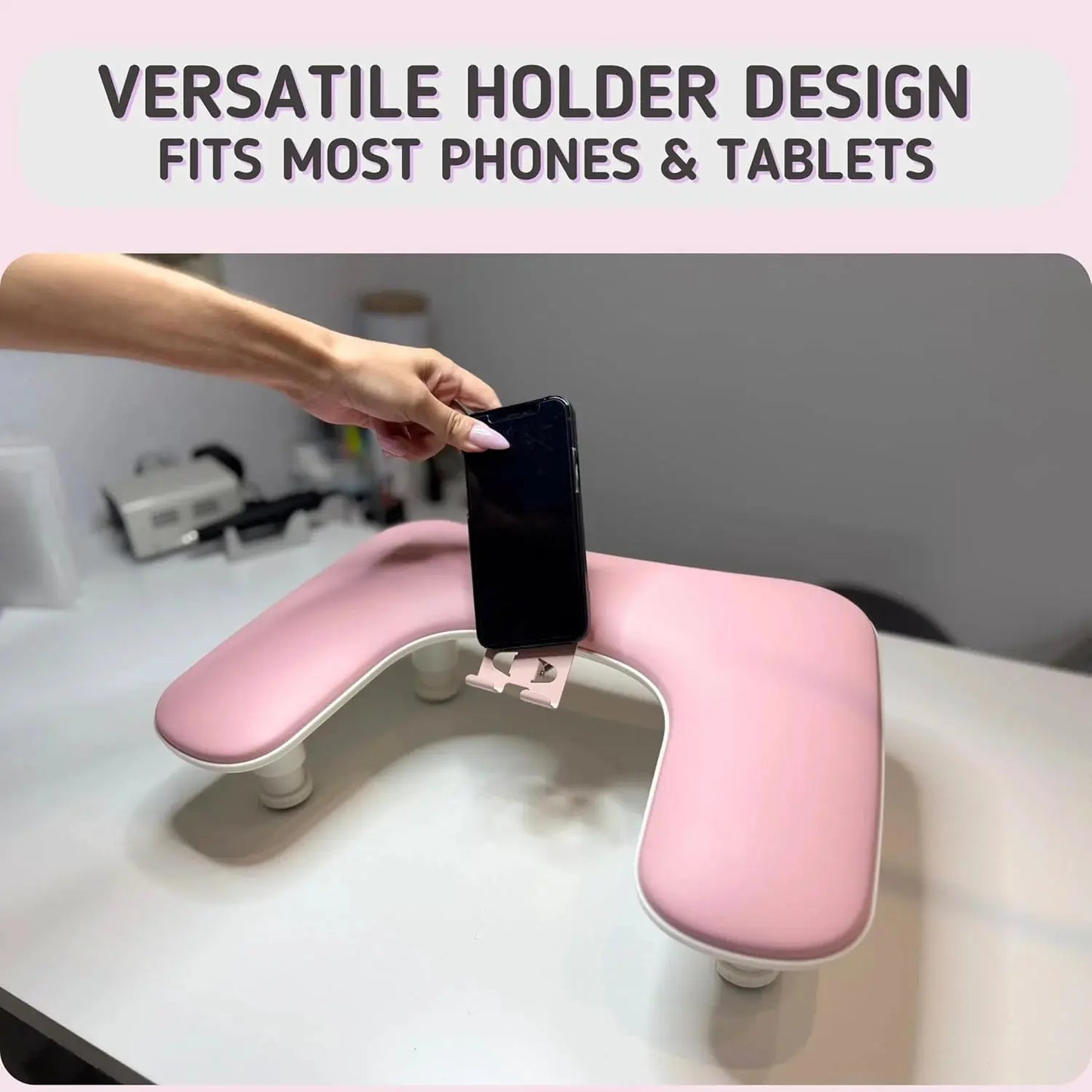 U-Shape Nail Arm Rest | Adjustable Height | PU Leather With Phone Holder
