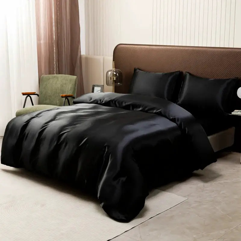 Ice Silk Duvet Cover Set | Solid Black | 80Gsm Light | Multiple Sizes