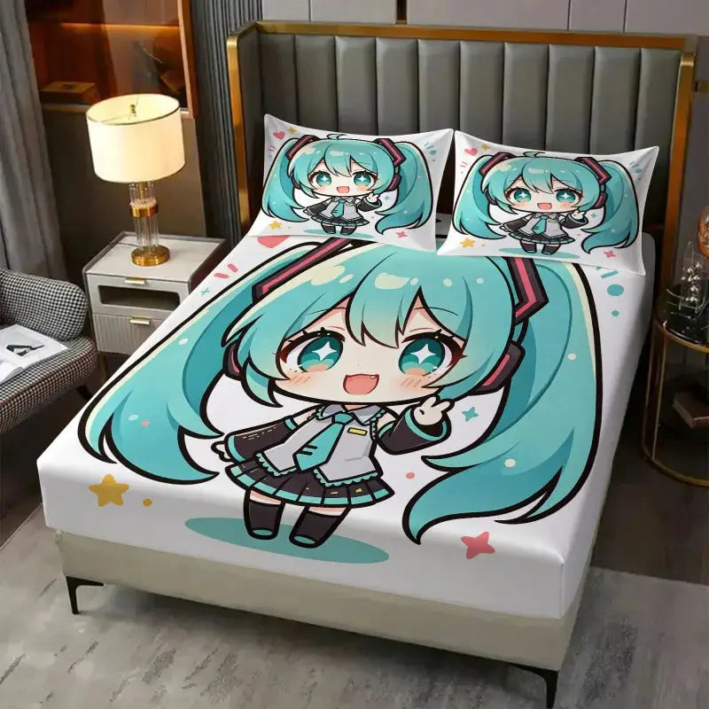 3Pcs Hatsune Miku Chibi Style Fitted Sheet Set Cute Anime Bed Cover with Pillowcases Deep Pocket Teen Room Fans Room Decor Gift from PriceLows™