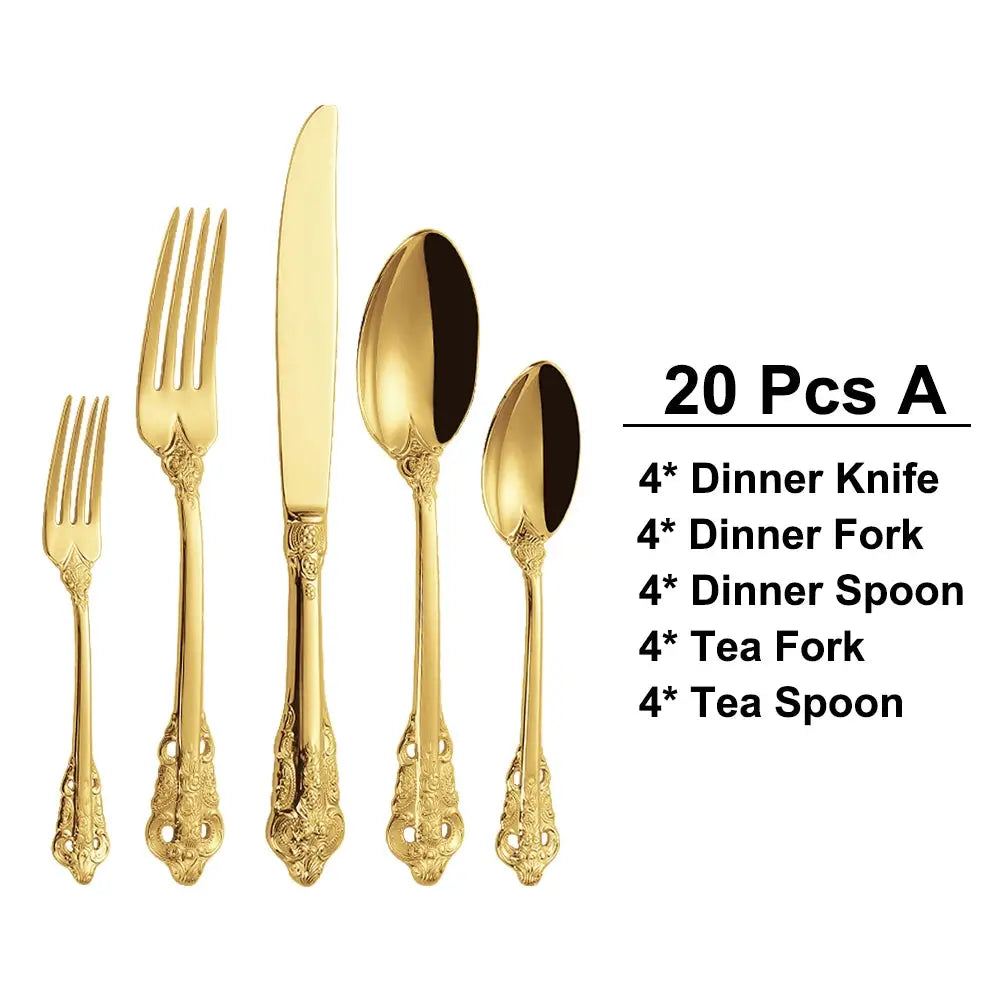30 Pieces Gold Plated Luxury Cutlery Set Stainless Steel Vintage Western Tableware Sliver Knife Spoon Fork Set Kitchen Utensils from PriceLows™