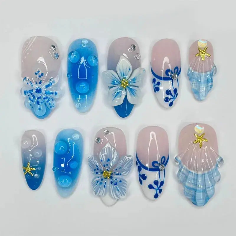 Press On Nails | 3D Seashell Design | Almond Shape | 24 Piece Set