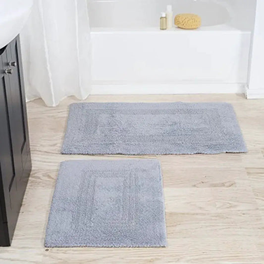 Cotton Bath Mat Set- 2 Piece 100 Percent Cotton Mats- Reversible Soft Absorbent and Machine Washable Bathroom Rugs By Silver from PriceLows™