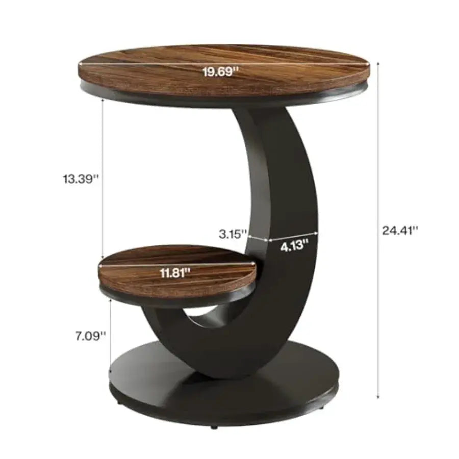Round End Table Set of Tiers Side Table with Storage Shelf Sofa Side Bedside Nightstand with Rustic Wood and Metal Arc-Shaped F from PriceLows™