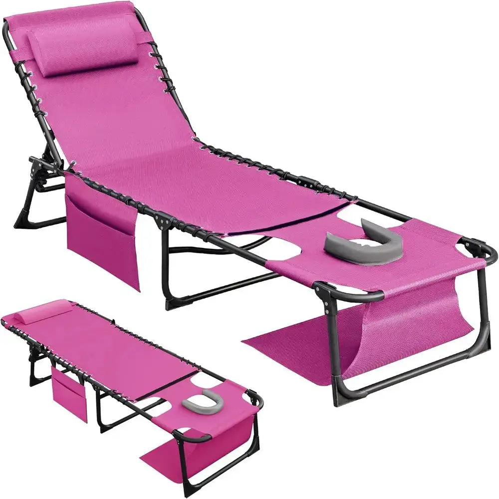 Wide Adjustable 5-Position Outdoor Chaise Lounge Chair with Armholes for Pool, Beach, Lawn (Pink) from PriceLows™
