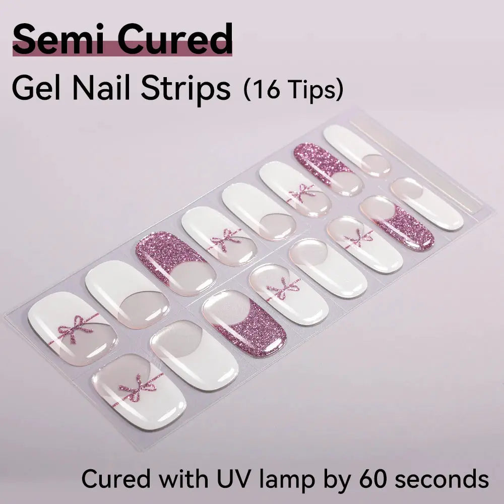 16strips Cartoon UV/LED Semi Cured Gel Nail Strips Pink Glitter Cat Eye Self-Adhesive Gel Nail Wraps Full Cover UV Nail Sticker from PriceLows™