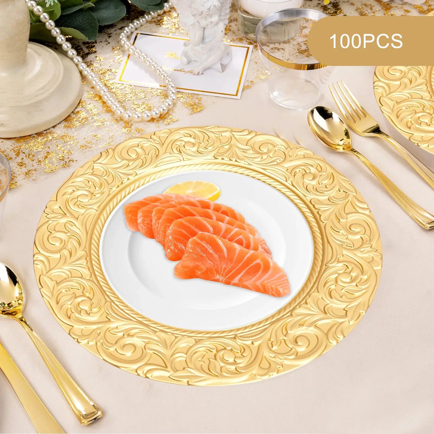 Charger Plates 100-Piece Set Round Reusable Serving Plates Gold Black Silver Green for Wedding Banquet Party Decor from PriceLows™