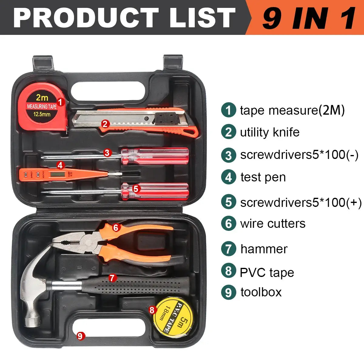 8/9/12/13Piece Tools Set General House hold Hand Tool Kit with Plastic Toolbox Storage Case Used to Car repair And home Repair from PriceLows™