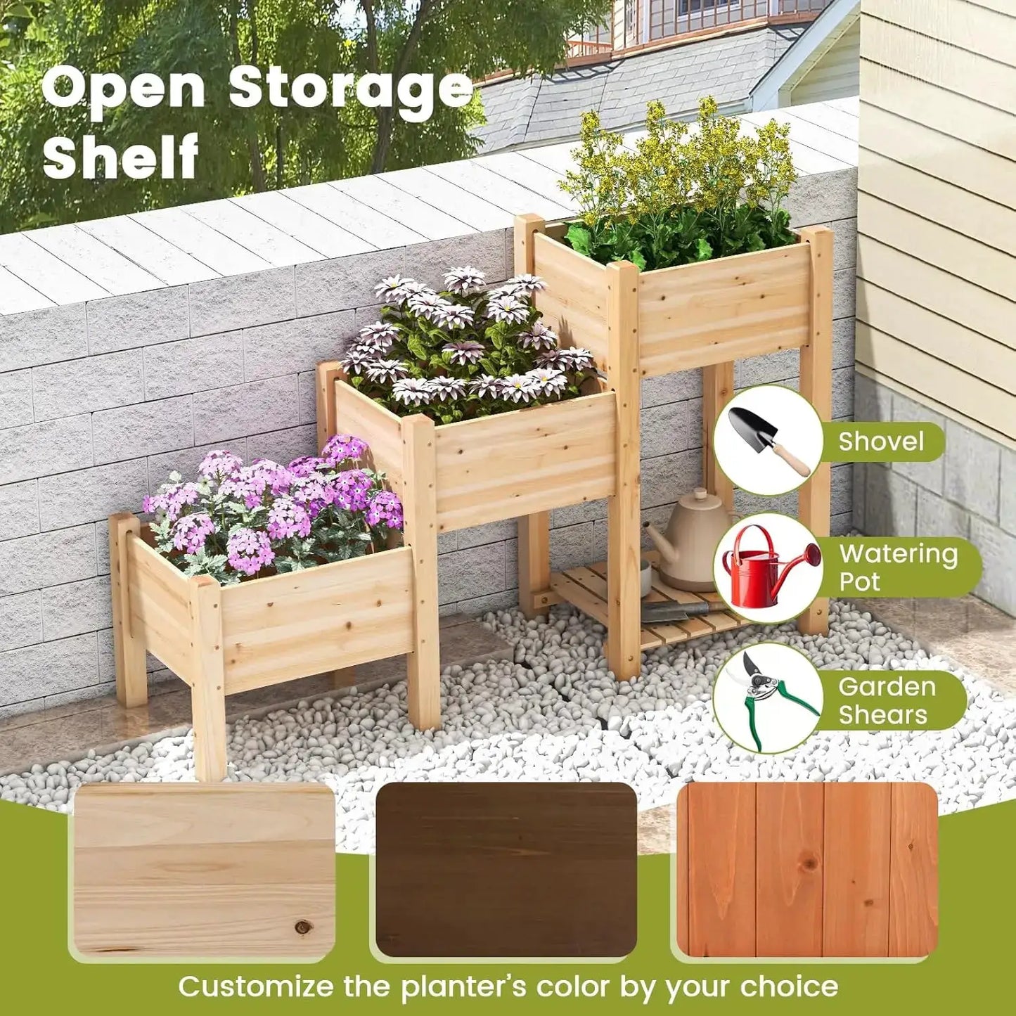 3-Tire Raised Garden Bed, Wooden Raised Planter Box with 3 Planter Boxes, Drainage Holes, Open Storage Shelf, Outdoor Ga from PriceLows™